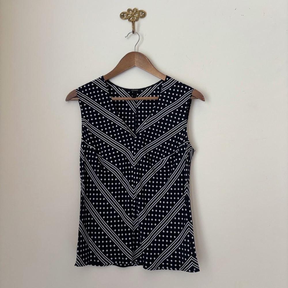 Escada Polka Dot Stripe Sleeveless V Neck Silk Top Sz 36 US 6